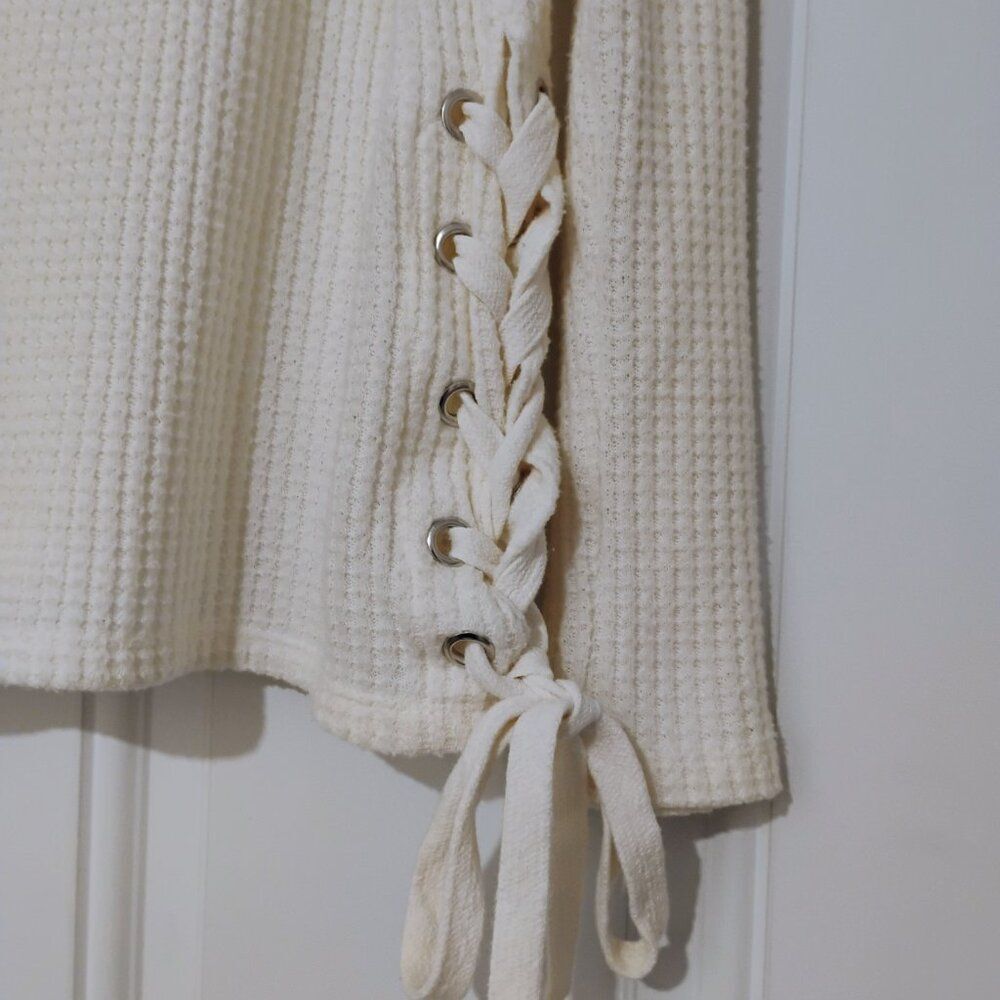 Z Supply Top Women's Thermal Waffle Knit Boho Laced Side Ties Oversized Cozy XS - Picture 9 of 13